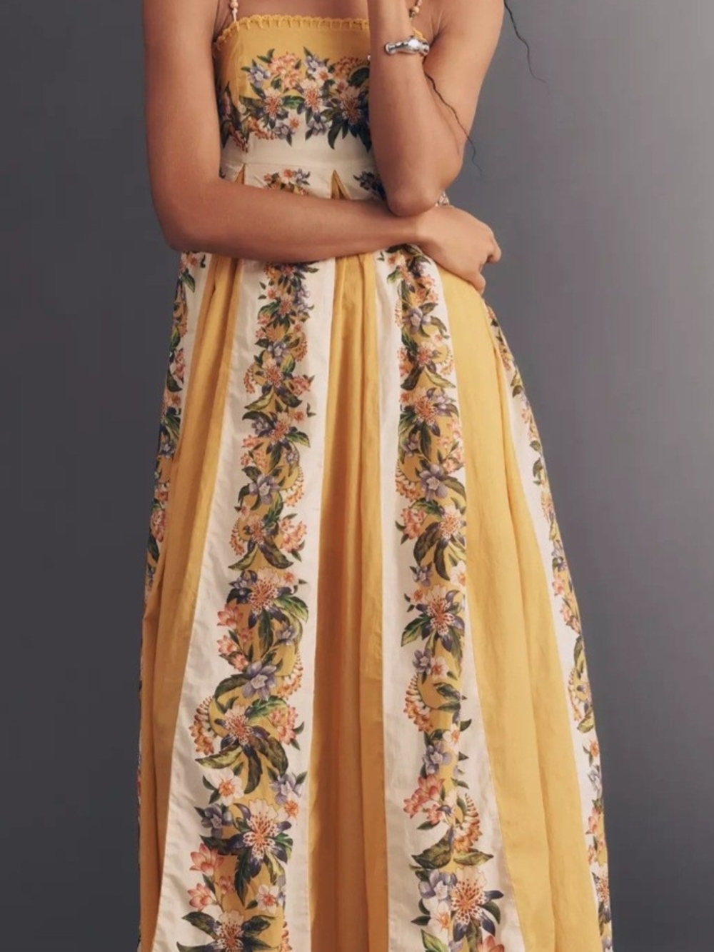 FARM Rio Yellow and Cream Floral Strapless Maxi Dress